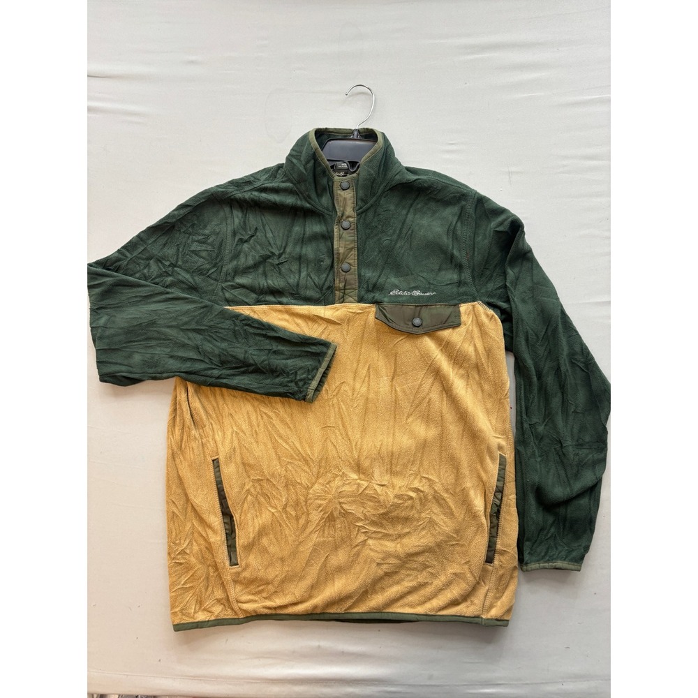 Eddie Bauer Mens Fleece Pullover Snap Mock Neck Colorblock Green Tan Camo Size M